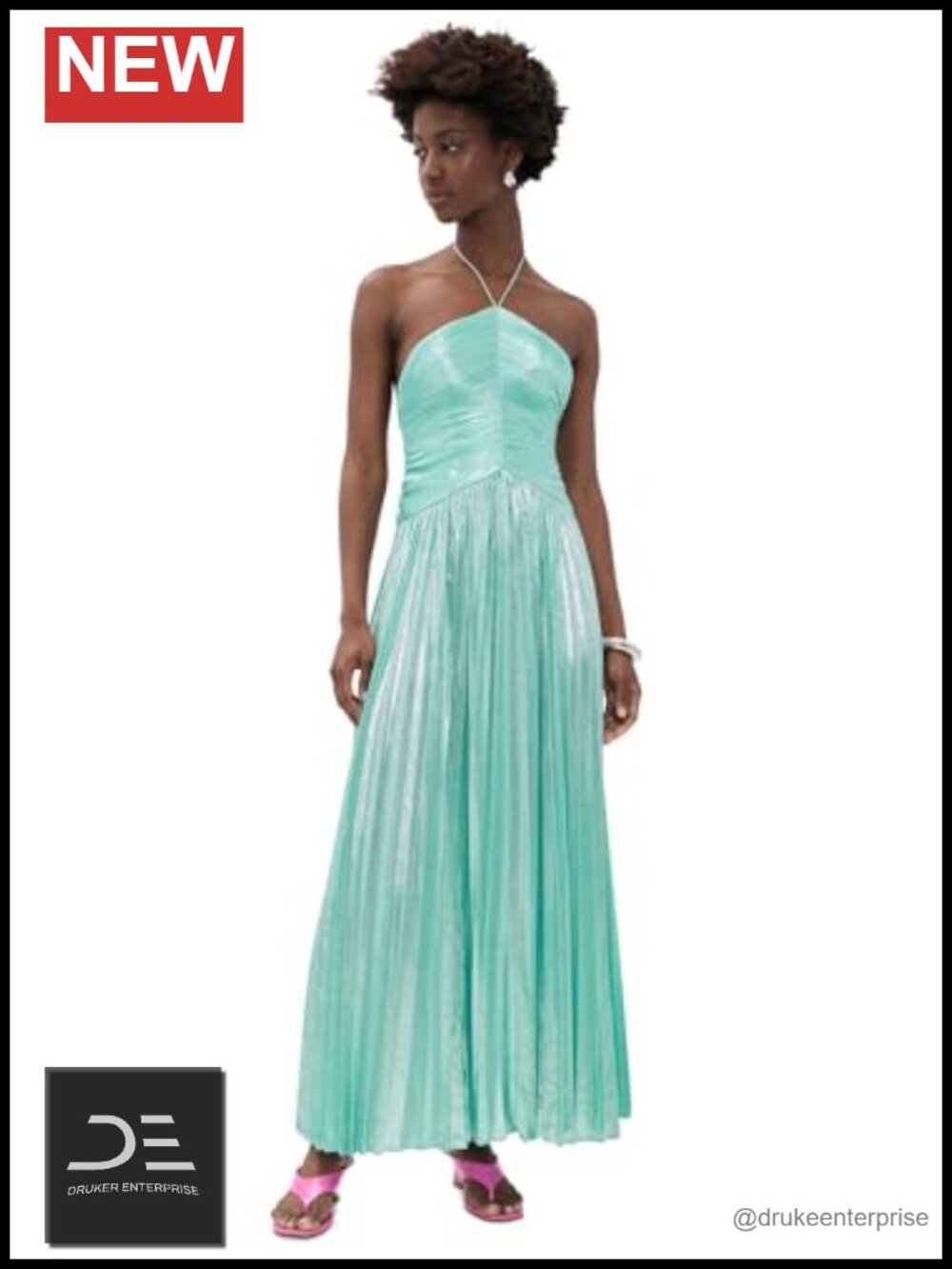 Metallic Pleated Halter Maxi Dress